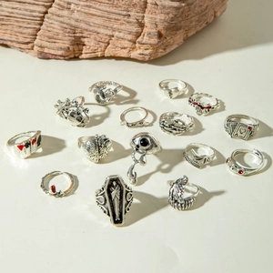 15-piece vintage silver gothic punk ring set featuring skull and heart designs
