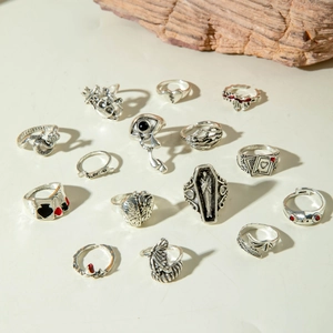 Gothic punk silver ring set with skull, snake, and playing card designs for women and men