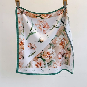 Vintage floral silk square scarf with pink peony butterfly patterns and green edges
