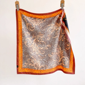 Elegant silver paisley silk square scarf with contrasting orange and red borders