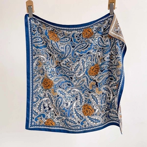 Navy and orange paisley square silk scarf with floral patterns for spring neckwear