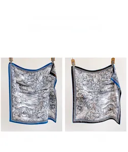 Detail of premium twill silk square scarf featuring dual-sided blue and brown scenic prints
