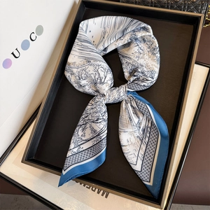 Women Elegant Square Scarf Polyester Satin Chinese Landscape Print Fashion Satin Feeling Neck Wrap Versatile Kerchief