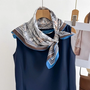 Premium twill silk square scarf featuring scenic landscape prints and contrast borders