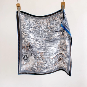 Premium twill silk square scarf with elegant landscape print and hand-rolled edges