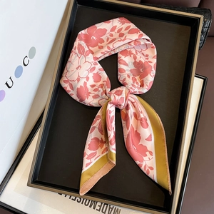 Women Floral Print Square Scarf Satin Feel Polyester Neck Head Wrap Hair Band Elegant Fashion Accessory Trendy Kerchief