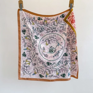 Elegant 70cm square silk scarf with floral botanical prints and dark brown borders