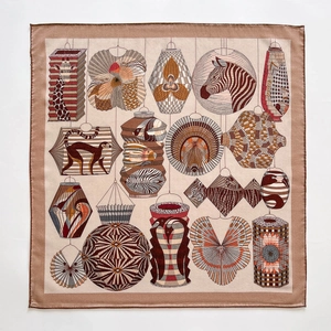 Artistic silk-wool scarf with earth tone lantern patterns and exotic animal motifs