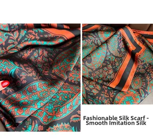 Detail of bohemian paisley imitation silk scarf showing smooth texture and edge stitching