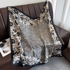Fashionable floral print large square silk scarf with black and white elegant pattern