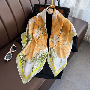 Grand Foulard Carré Pour Femmes Imitation Satin Satin Élégant Imprimé Floral Rose Châle Accessoires De Mode