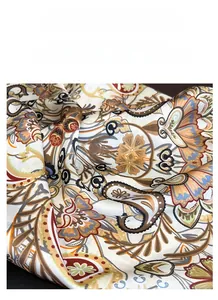 Close-up of retro floral paisley satin silk scarf showing smooth texture and luster