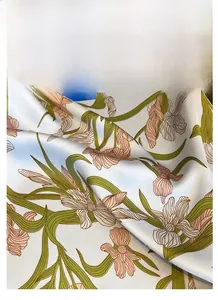 Detail of iris floral print on premium satin fabric showing smooth texture and sheen