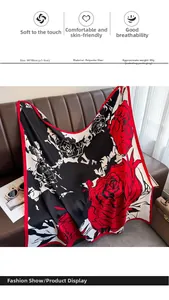 Detail of 90x90cm floral polyester square scarf displayed on a leather background