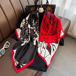 Vintage floral silk satin square scarf with red and black block patterns for women