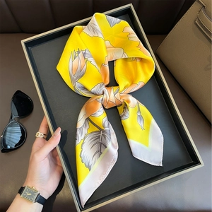 Elegant 70cm yellow floral faux silk square scarf with premium printed texture for women