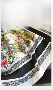 Macro detail of the high-precision stitched edges on the floral silk square scarf