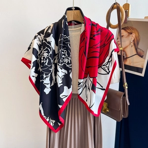Vintage Abstract Floral Print Satin Square Scarf Retro French Style Smooth Satin Like Headscarf Shawl For Women Neck Wrap
