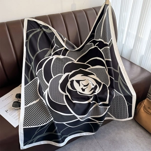 Elegant 90x90cm printed silk scarf with abstract rose pattern and geometric texture