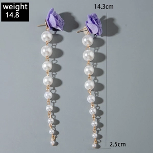 Detailed view of long fabric tulip earrings with white pearls, 14.3cm length measurement