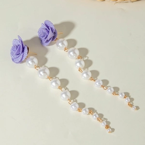 Elegant purple fabric rose drop earrings with long gradient white pearl tassels