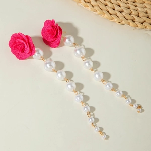 Elegant floral tassel earrings featuring fabric roses and hanging white gradient pearls