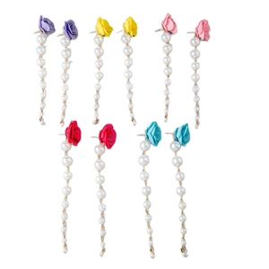 Five pairs of colorful fabric tulip flower earrings with elegant pearl tassel chains