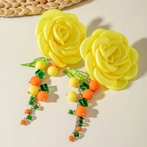 Exquisite yellow camellia earrings with acrylic floral tassels and vibrant tropical beads