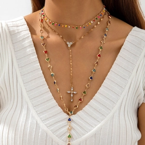 Collana Multistrato Retrò Ciondolo Croce Cuore Forma Y Rame Lega Perline Colorate Moda Lusso Per Donne