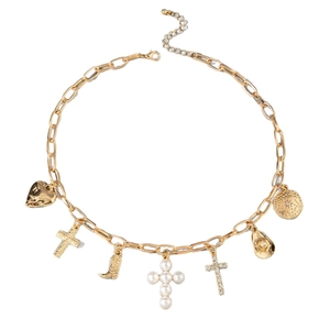 Golden western cowboy necklace with heart cross and hat pendants on chunky chain