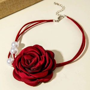 Elegant red fabric rose choker with white pearl accents and adjustable cord chain