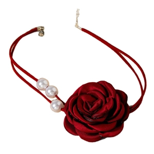 Elegant red burnt-edge rose necklace with pearls and fine red cord for women