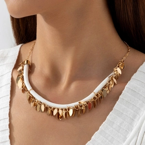 Bohemian Leaf Pendant Necklace Gold Metallic Charms White Woven Rope Statement Jewelry For Women Fashion Retro Style