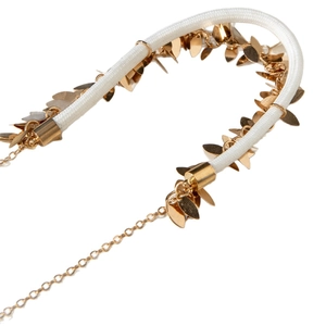 Exaggerated necklace featuring golden sequin leaves on a white braided fiber cord