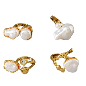 Golden baroque irregular pearl adjustable rings with hammered metal texture set of 4