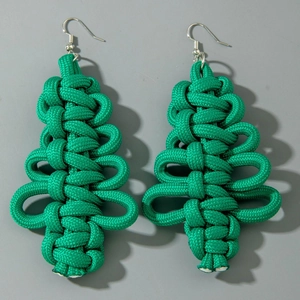 Handcrafted emerald green woven Christmas tree drop earrings with silver metal hooks