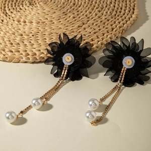 Detailed back view of flower earrings with mesh petals, gold chains and faux pearls