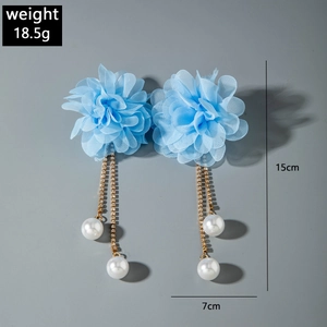 Detail view of blue fabric flower earrings with faux pearl tassels and size dimensions