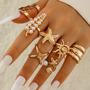 Bohemian Ocean Rings Alloy Faux Artificial Pearl Starfish Sun Shell Adjustable Finger Jewelry For Women