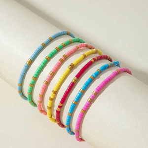 7-piece colorful bohemian beaded bracelet set with vibrant elastic heishi disk beads