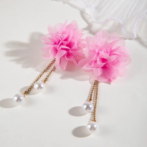 Elegant pink mesh flower drop earrings with faux pearls and long gold tassels