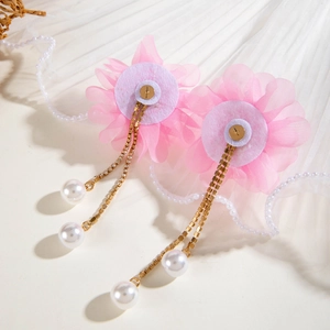 Elegant pink mesh flower tassel earrings with white faux pearls and gold chain