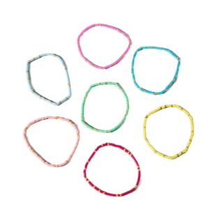 7-piece bohemian colorful clay heishi bead stretch bracelet set with gold metal spacers