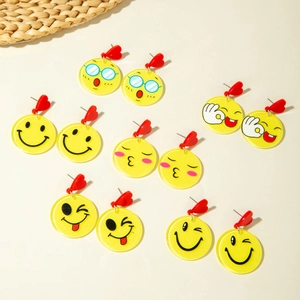 Cute Heart Acrylic Smile Emoji Dangle Earrings Yellow Round Funny Cartoon Jewelry For Women Girls