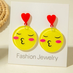 Cute yellow acrylic smiley face earrings with red heart studs and glitter detail