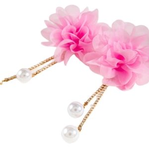 Elegant pink floral tassel earrings with faux pearls and sparkling rhinestone chains