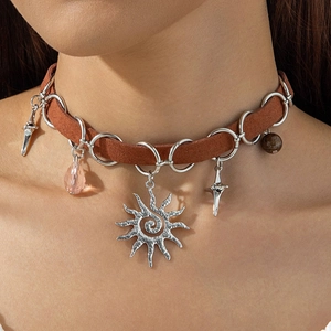 Vintage Bohemian Choker Necklace Brown Faux Suede Alloy Sun Star Pendant Pink Water Drop Bead Retro Jewelry For Women