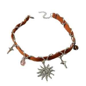 Vintage sun pendant choker with brown leather braid and silver charms for women