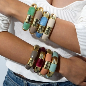 Bracelet Tube En Bambou Segmenté Alliage Et Acrylique Texture Marbre Coloré Bijoux Jonc Élastique Mode Femmes