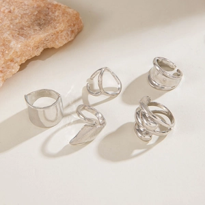 Five-piece silver irregular geometric ring set with minimalist aesthetic and organic lines